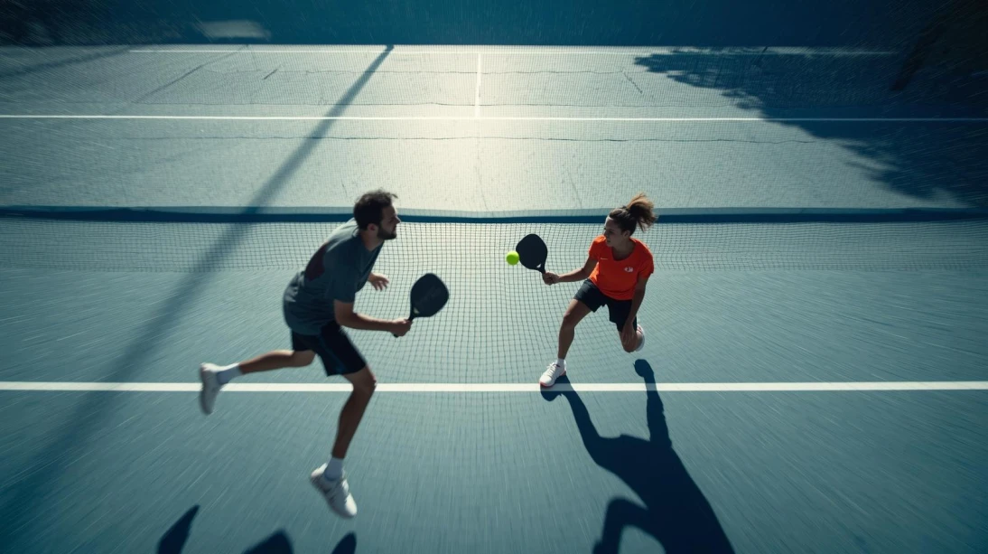 Players in a pickleball rally on an outdoor court