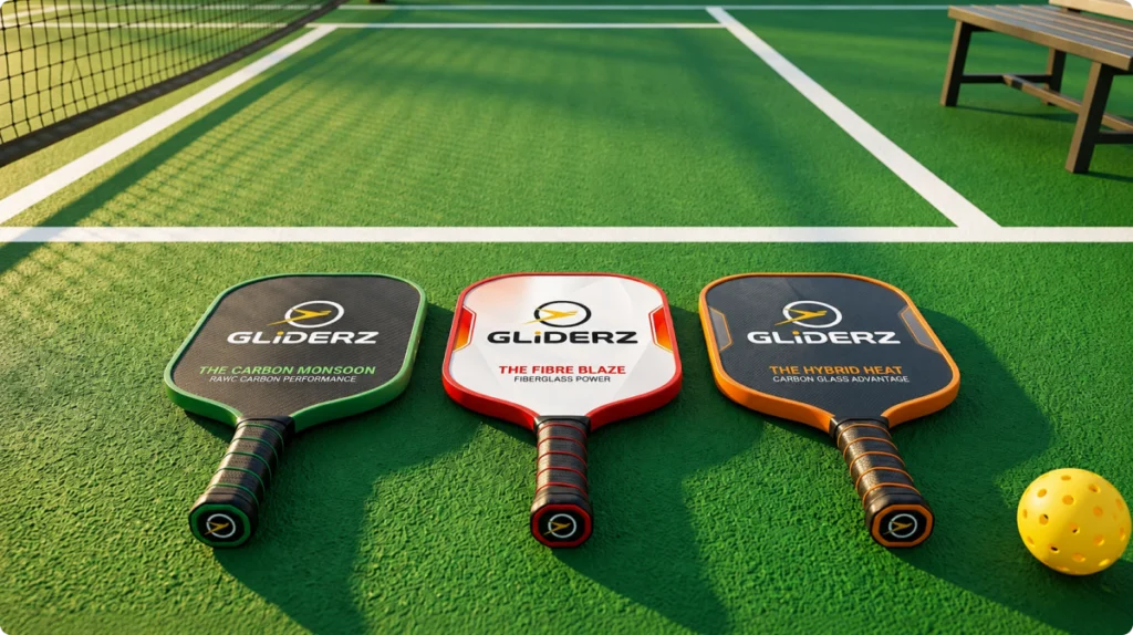How to Choose the Right Pickleball Paddle in India 1 Best pickleball paddle India - three paddles on outdoor court by GLIDERZ Pickleball