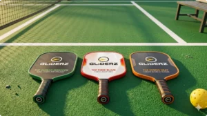 Best pickleball paddle India - three paddles on outdoor court by GLIDERZ Pickleball