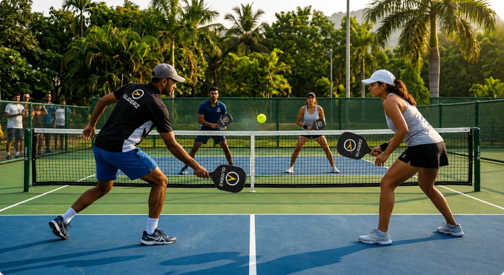 Beginner pickleball players playing on a court in India