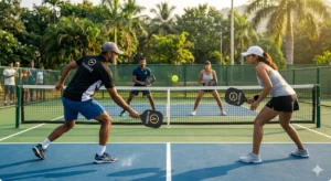 Beginner pickleball players playing on a court in India